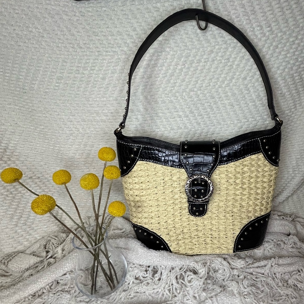 Brighton Woven Straw Studded Leather Shoulder Bag